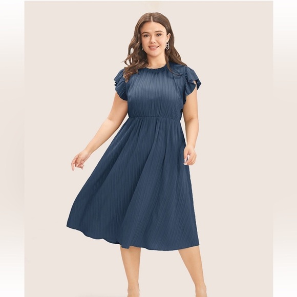 BloomChic Plus size 2XL Plain Cap Sleeve Ruffles Trim Mock Neck Pocket Dress - Picture 1 of 3